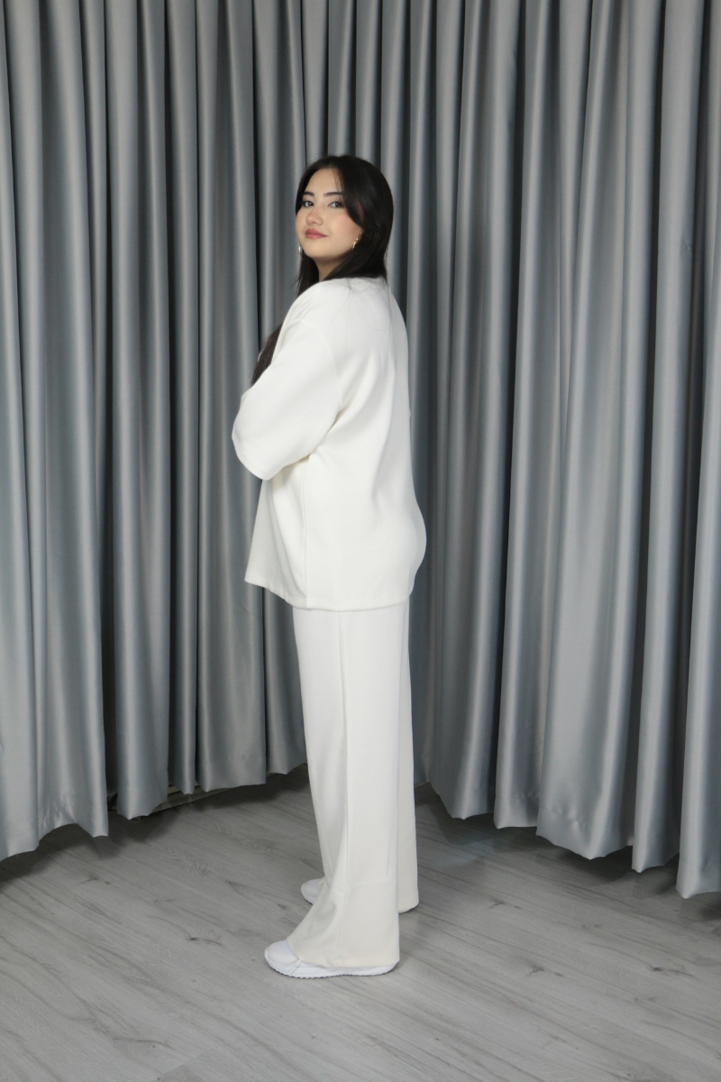 Kadın Tok Dokulu Modal Kumaş Vatkalı Oversize Alt Üst Takım M(40-42) - ekru