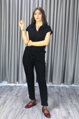 Kadın Modal Kumaş Premium Kalite Polo Yaka Kısa Kollu Jogger Beli Lastikli Bağlamalı Siyah Yazlık/Baharlık  Alt Üst Takım