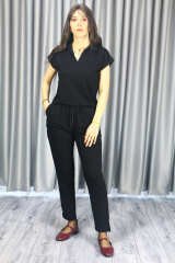 Kadın Modal Kumaş Premium Kalite Polo Yaka Kısa Kollu Jogger Beli Lastikli Bağlamalı Siyah Yazlık/Baharlık  Alt Üst Takım