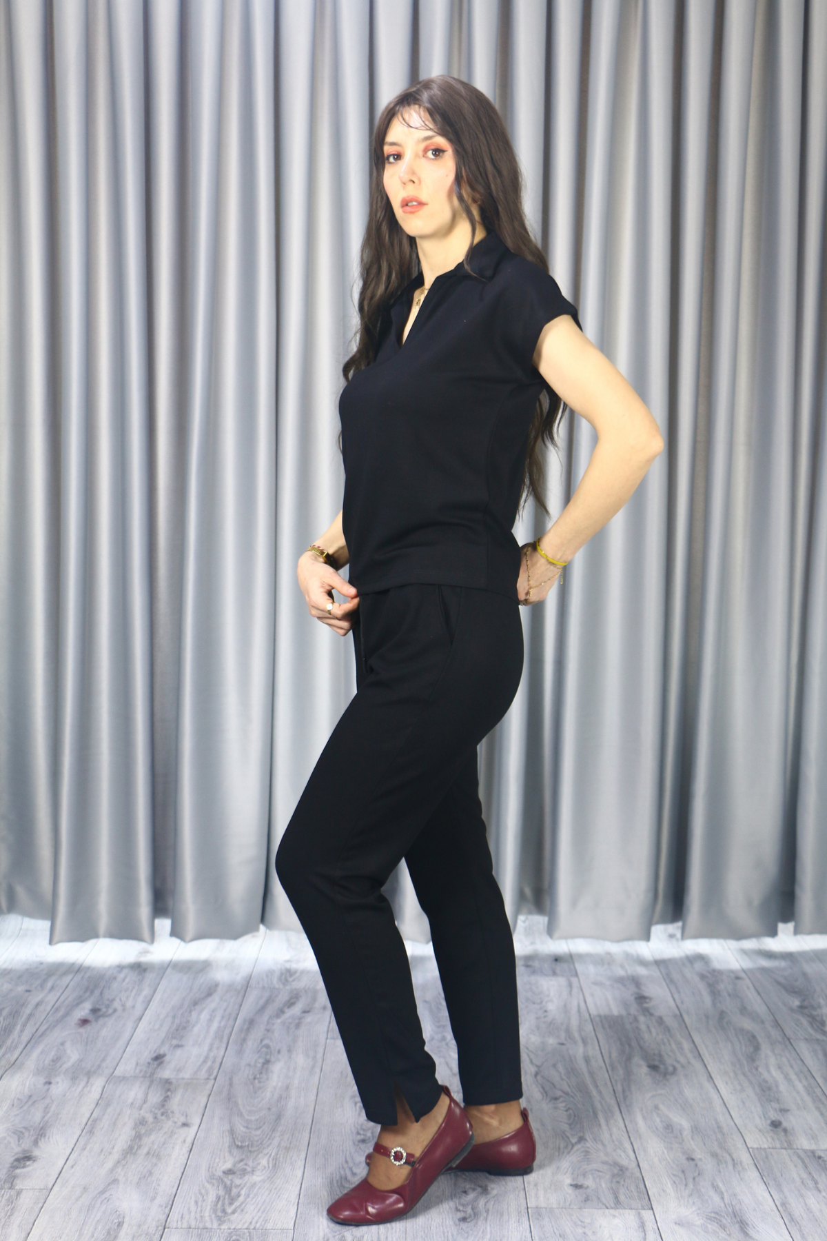 Kadın Modal Kumaş Premium Kalite Polo Yaka Kısa Kollu Jogger Beli Lastikli Bağlamalı Siyah Yazlık/Baharlık  Alt Üst Takım