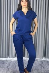 Kadın Modal Kumaş Premium Kalite Polo Yaka Kısa Kollu Jogger Beli Lastikli Bağlamalı Lacivert Yazlık/Baharlık  Alt Üst Takım