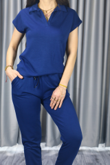 Kadın Modal Kumaş Premium Kalite Polo Yaka Kısa Kollu Jogger Beli Lastikli Bağlamalı Lacivert Yazlık/Baharlık  Alt Üst Takım