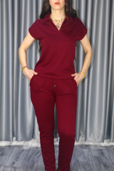 Kadın Modal Kumaş Premium Kalite Polo Yaka Kısa Kollu Jogger Beli Lastikli Bağlamalı Bordo Yazlık/Baharlık  Alt Üst Takım