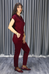 Kadın Modal Kumaş Premium Kalite Polo Yaka Kısa Kollu Jogger Beli Lastikli Bağlamalı Bordo Yazlık/Baharlık  Alt Üst Takım