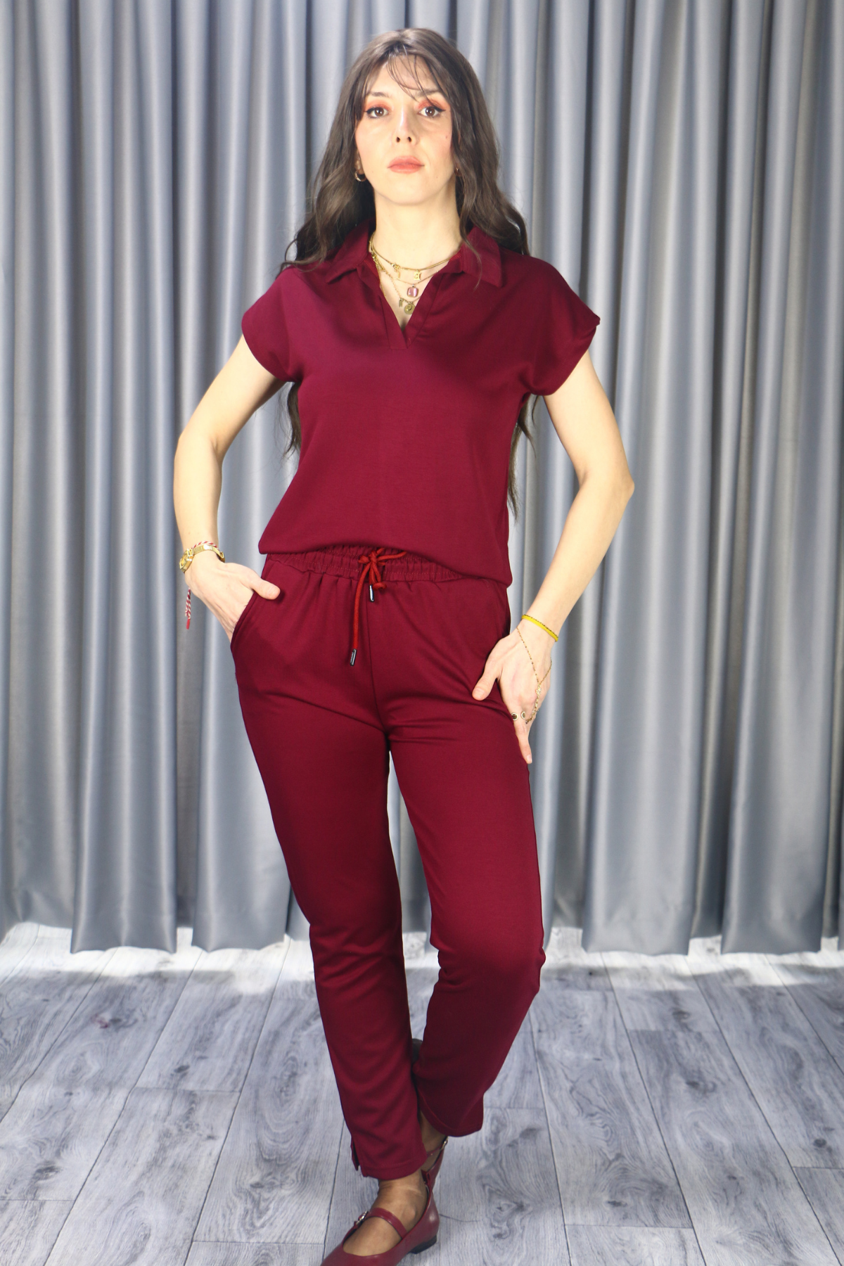 Kadın Modal Kumaş Premium Kalite Polo Yaka Kısa Kollu Jogger Beli Lastikli Bağlamalı Bordo Yazlık/Baharlık  Alt Üst Takım