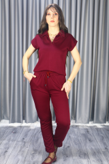 Kadın Modal Kumaş Premium Kalite Polo Yaka Kısa Kollu Jogger Beli Lastikli Bağlamalı Bordo Yazlık/Baharlık  Alt Üst Takım