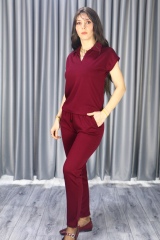 Kadın Modal Kumaş Premium Kalite Polo Yaka Kısa Kollu Jogger Beli Lastikli Bağlamalı Bordo Yazlık/Baharlık  Alt Üst Takım