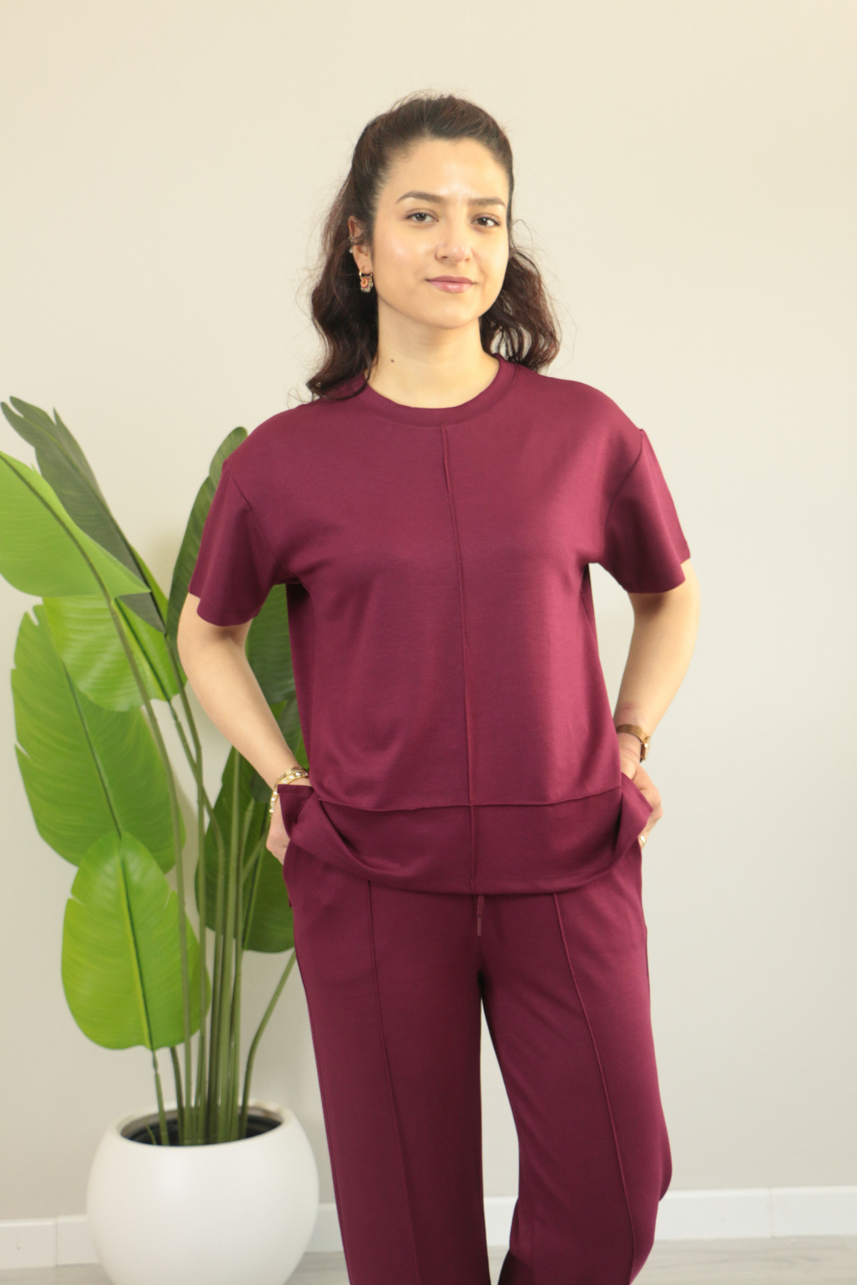 Yazlık Kısa Kol Terzi Dikiş Detaylı İkili Takım L - bordo
