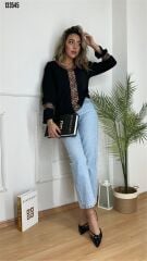 Kadın V Yaka Leopar Detaylı Krep Yeni Tarz Bluz