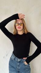 Kadın Full Likra Parmak Geçirmeli Slip Siyah Body Bluz