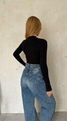 Kadın Full Likra Parmak Geçirmeli Slip Siyah Body Bluz