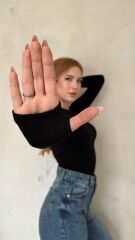 Kadın Full Likra Parmak Geçirmeli Slip Siyah Body Bluz