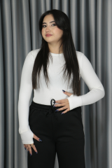 Kadın Full Likra Parmak Geçirmeli Slip Beyaz Body Bluz