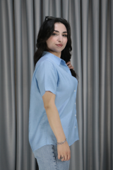 Kadın Kısa Kol Basic Buz Mavisi Keten Gömlek