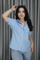 Kadın Kısa Kol Basic Buz Mavisi Keten Gömlek