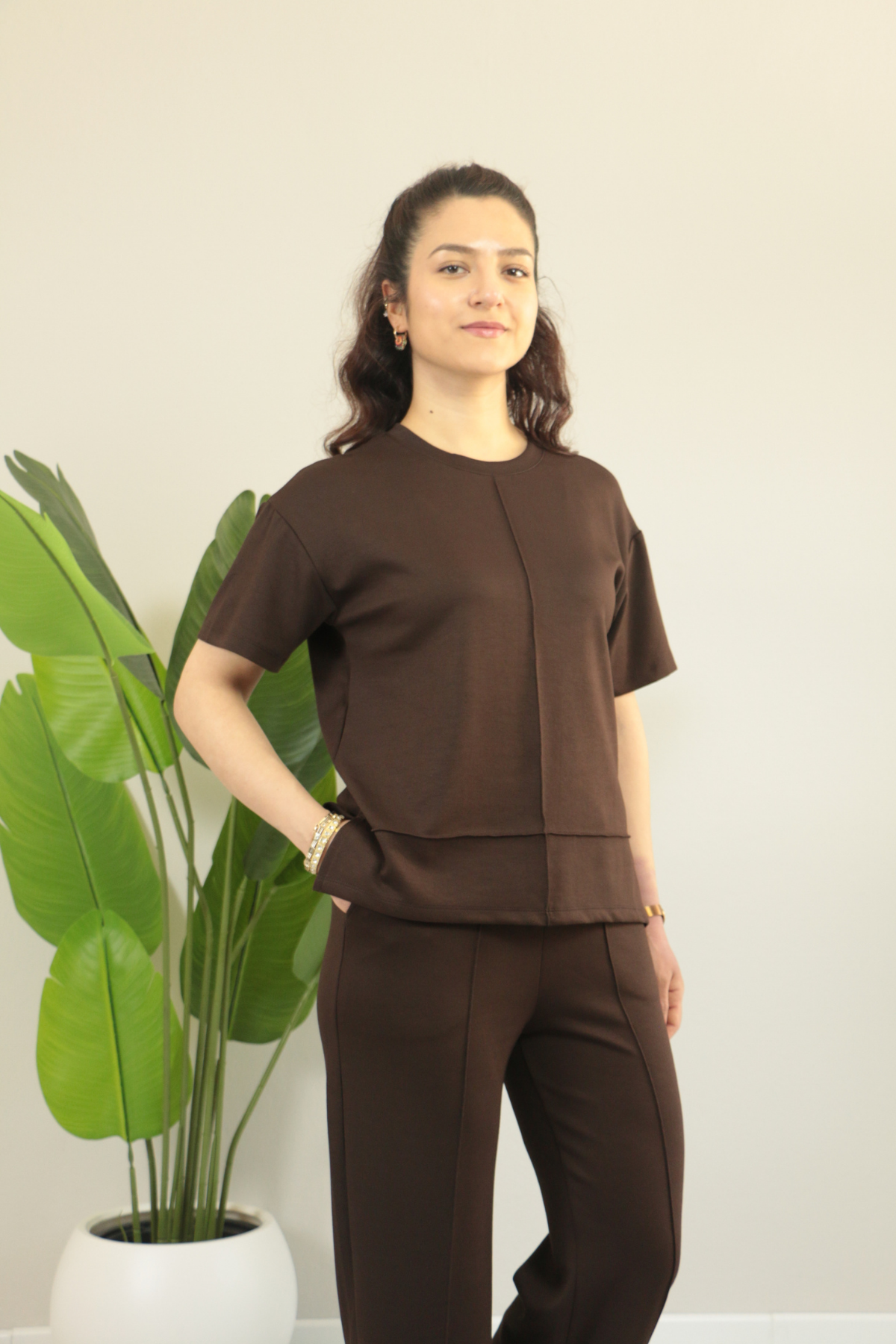 Yazlık Kısa Kol Terzi Dikiş Detaylı İkili Takım XL - acı kahve