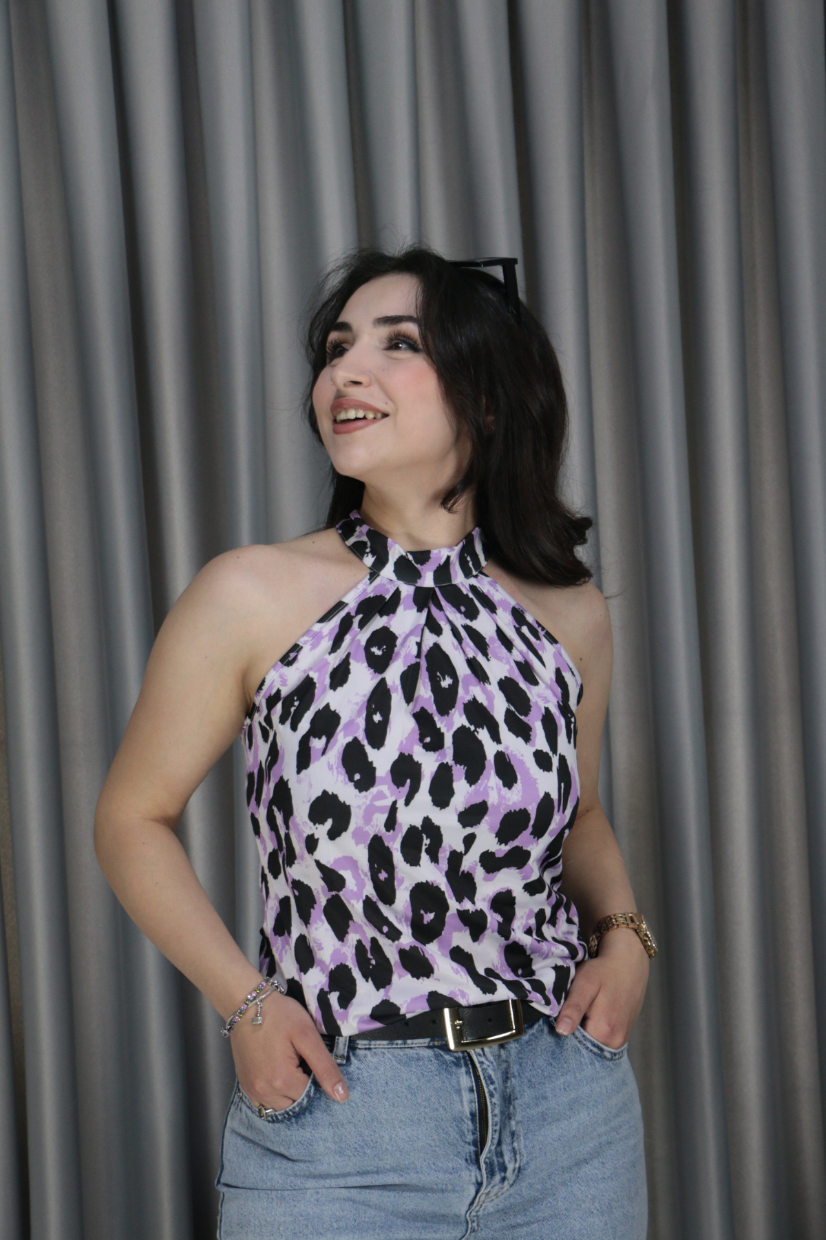 Kadın Halter Yaka Leopar Desenli Mikro Kumaş Mor Bluz