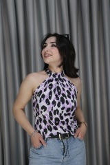 Kadın Halter Yaka Leopar Desenli Mikro Kumaş Mor Bluz