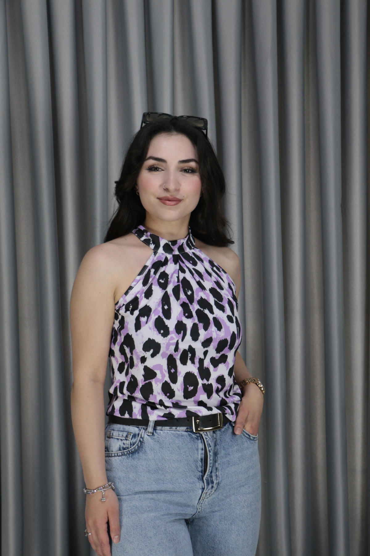 Kadın Halter Yaka Leopar Desenli Mikro Kumaş Mor Bluz