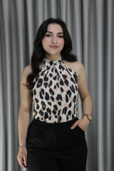Kadın Halter Yaka Leopar Desenli Mikro Kumaş Kahve Bluz