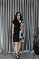 Kadın Yarasa Kol Zebra Desenli V Yaka Siyah Elbise
