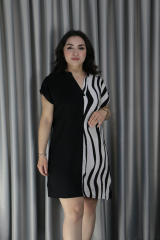 Kadın Yarasa Kol Zebra Desenli V Yaka Siyah Elbise
