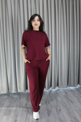 Kadın Bisiklet Yaka Modal Kumaş Bordo İkili Takım