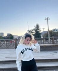 Kadın Michigan Nakış Detaylı Ekru Crop Kapüşonlu Kalın İçi Polarlı Oversize Sweatshirt