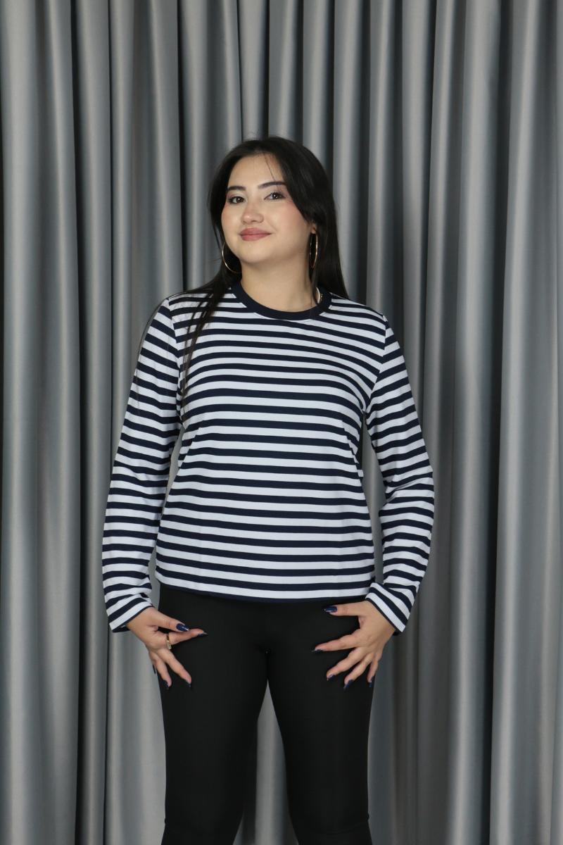 Premium seri lacivert çizgili yaka biyeli sweat sonbahar orta katman