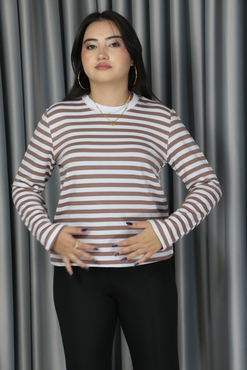 Premium Seri Kahverengi Çizgili Yaka Biyeli Sweat