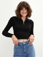 Kadın Yarım Fermuarlı Likralı Kaşkorse Siyah Crop
