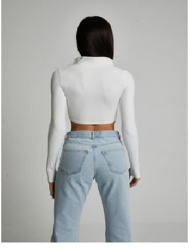 Kadın Yarım Fermuarlı Likralı Kaşkorse Ekru Crop
