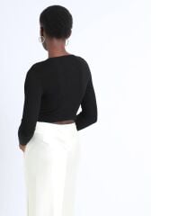 Kadın Fitilli Likralı Yumuşak Dokulu Siyah Crop Body