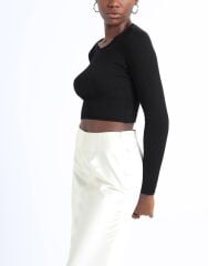Kadın Fitilli Likralı Yumuşak Dokulu Siyah Crop Body