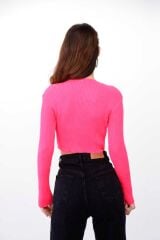 Kadın Fitilli Likralı Yumuşak Dokulu Pembe Crop Body
