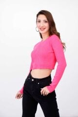 Kadın Fitilli Likralı Yumuşak Dokulu Pembe Crop Body