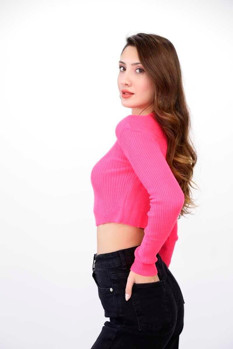 Kadın Fitilli Likralı Yumuşak Dokulu Pembe Crop Body