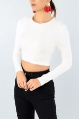 Kadın Fitilli Likralı Yumuşak Dokulu Ekru Crop Body
