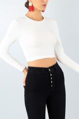 Kadın Fitilli Likralı Yumuşak Dokulu Ekru Crop Body
