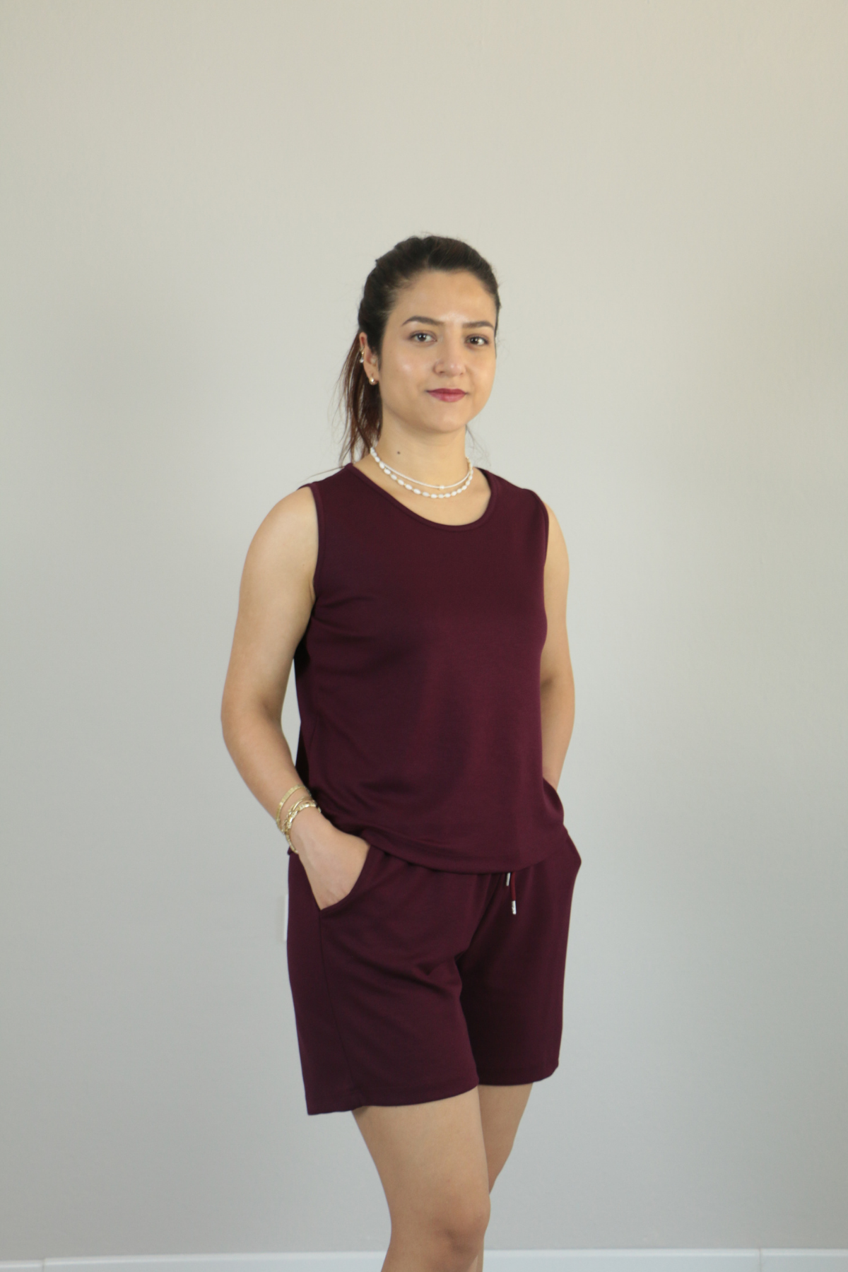 Sıfır Kol Yazlık Modal Kumaş Şortlu İkili Takım bordo - M