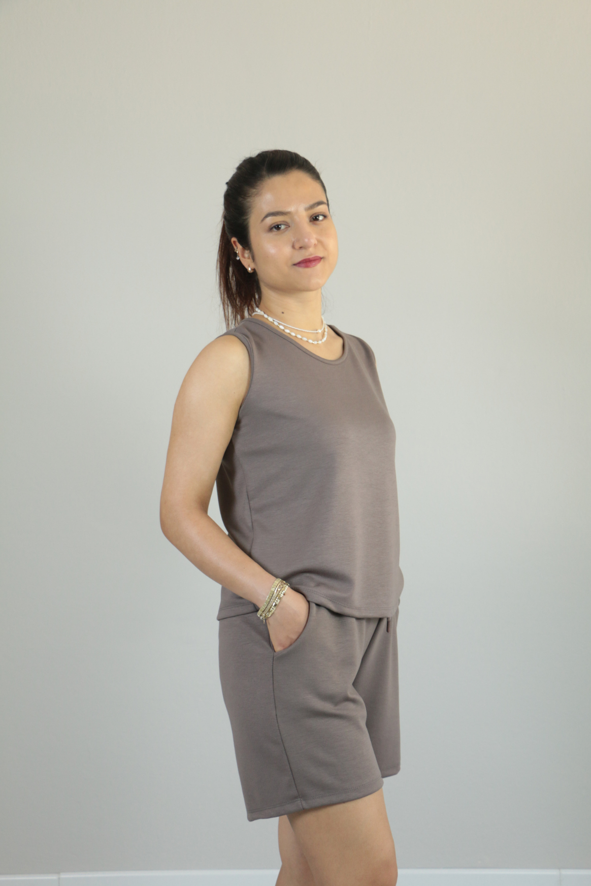 Sıfır Kol Yazlık Modal Kumaş Şortlu İkili Takım vizon - M
