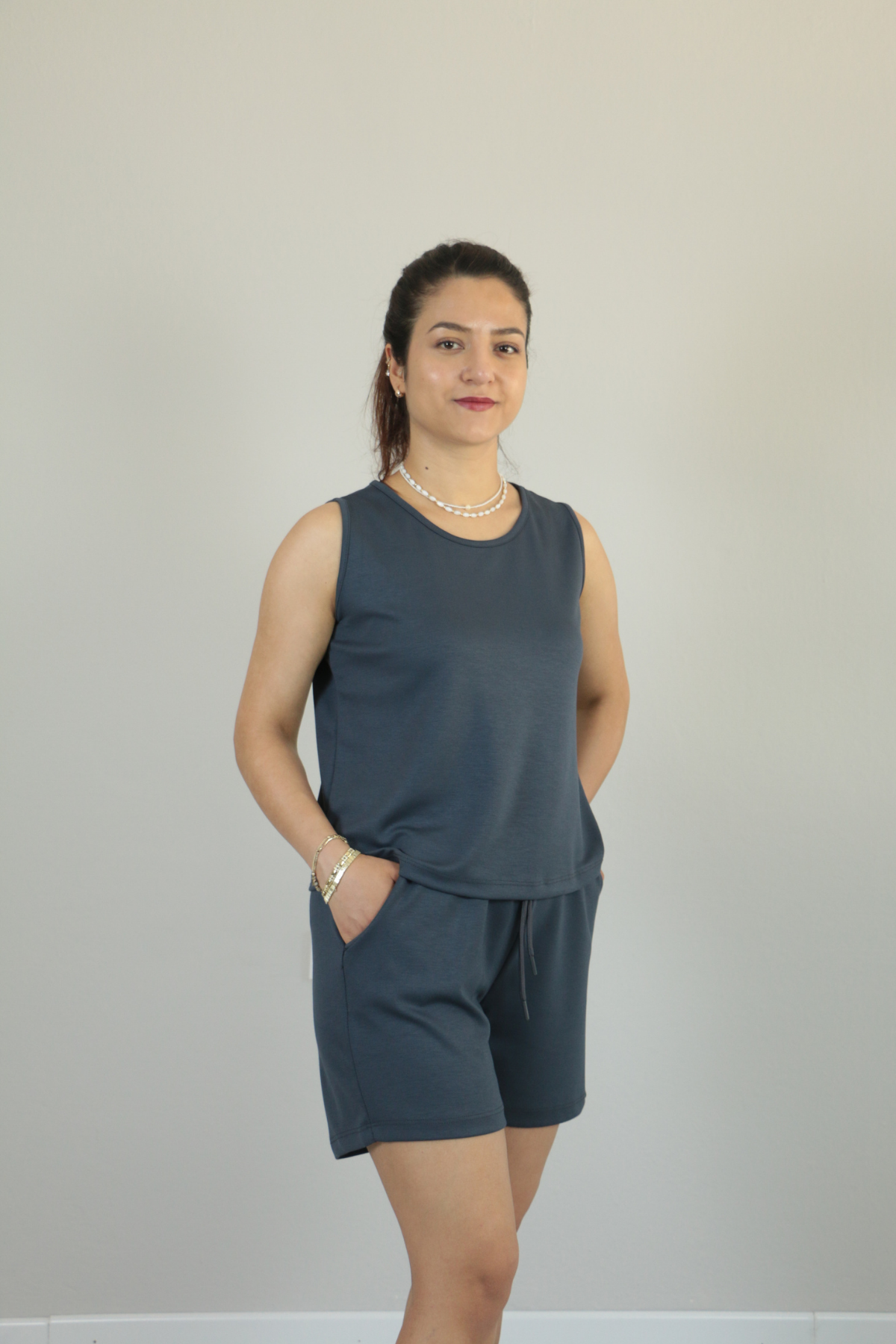 Sıfır Kol Yazlık Modal Kumaş Şortlu İkili Takım füme - L