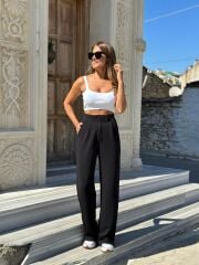 Toparlayıcı Süper Kalite Cırt Kapamalı İthal Krep Kumaş Palazzo Pantolon S - siyah