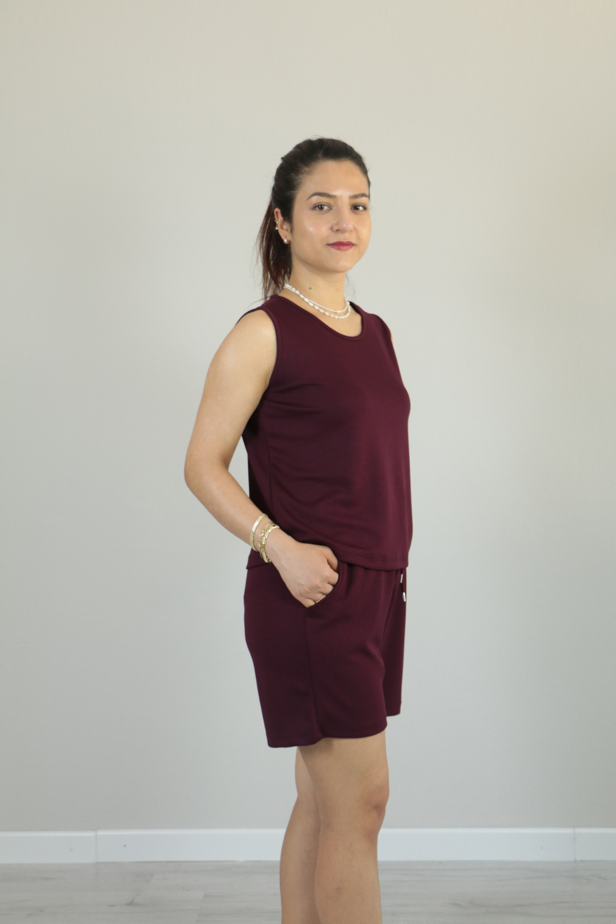 Sıfır Kol Yazlık Modal Kumaş Şortlu İkili Takım bordo - XL