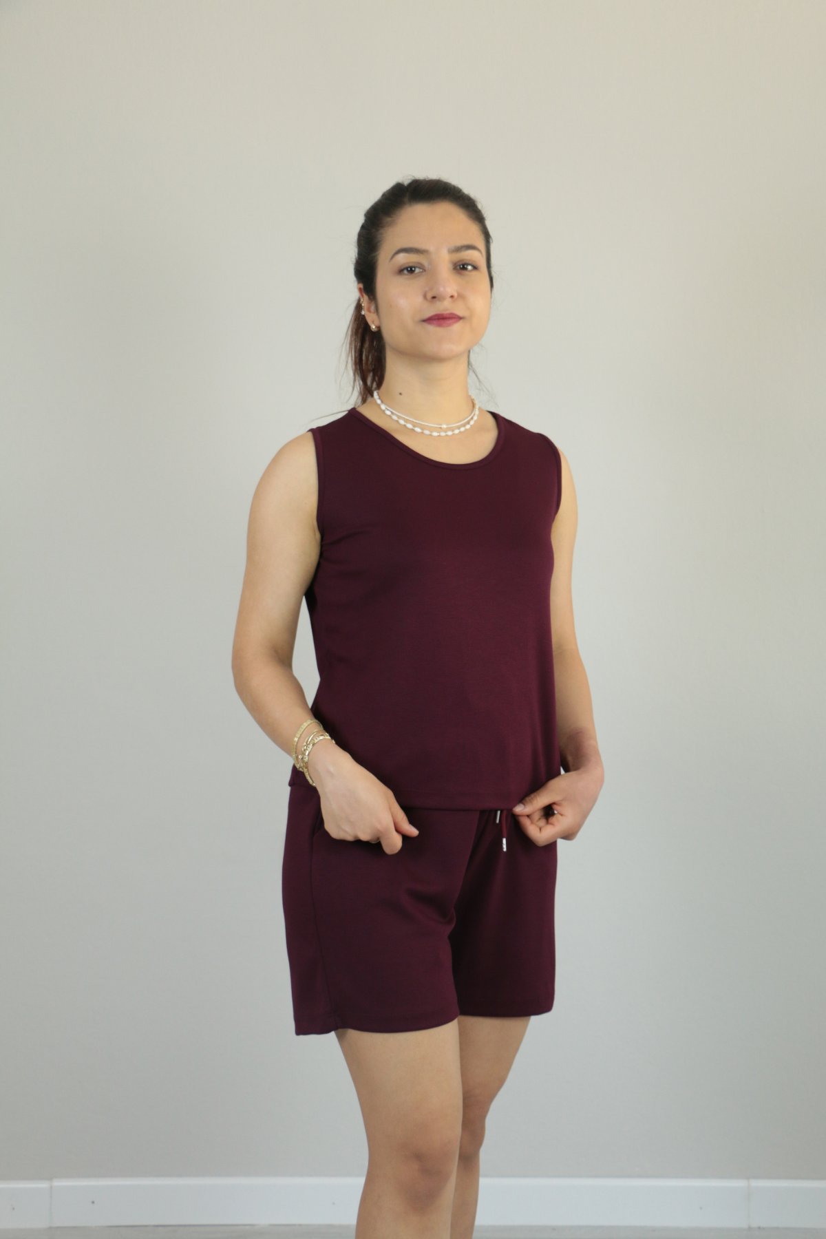 Sıfır Kol Yazlık Modal Kumaş Şortlu İkili Takım bordo - XL