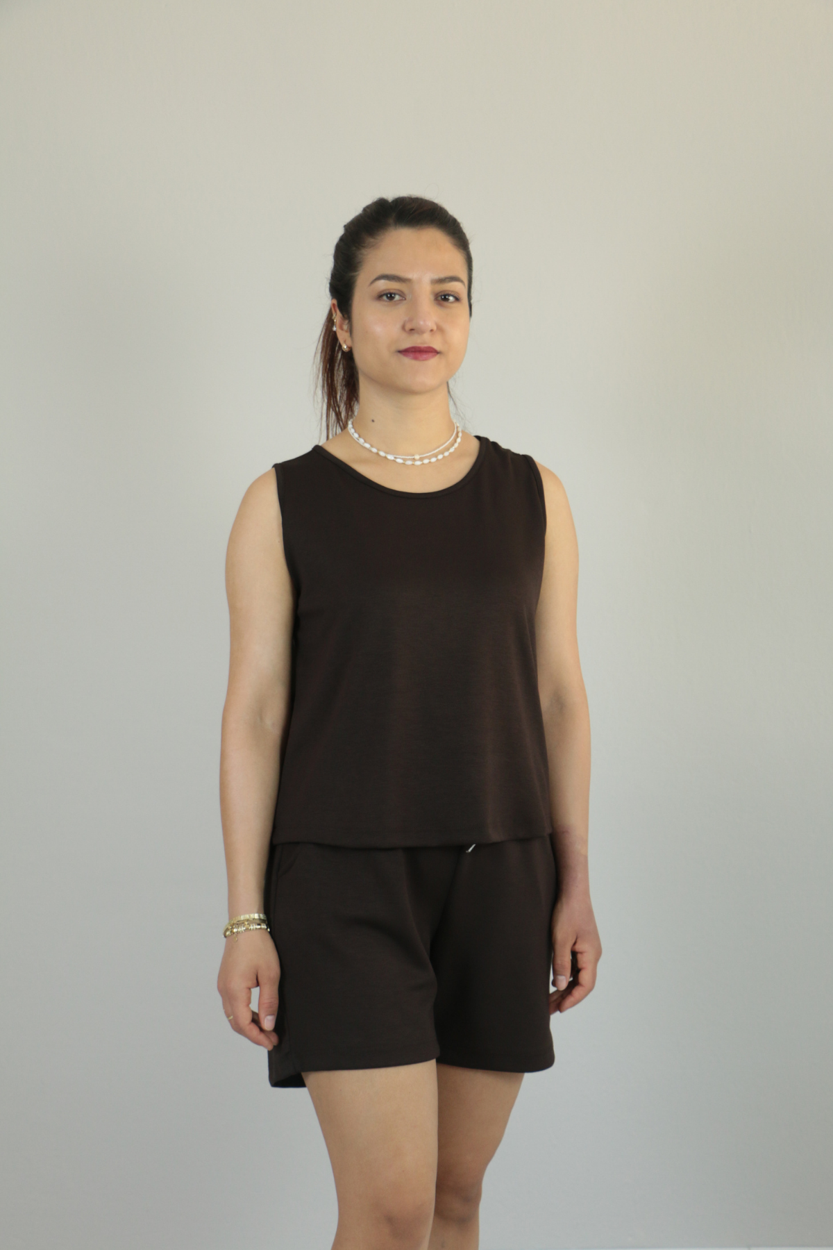 Sıfır Kol Yazlık Modal Kumaş Şortlu İkili Takım acı kahve - 2XL