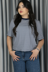 Premium Seri Lacivert Çizgili Yaka Biyeli Tshirt