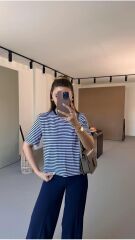 Premium Seri Lacivert Çizgili Yaka Biyeli Tshirt