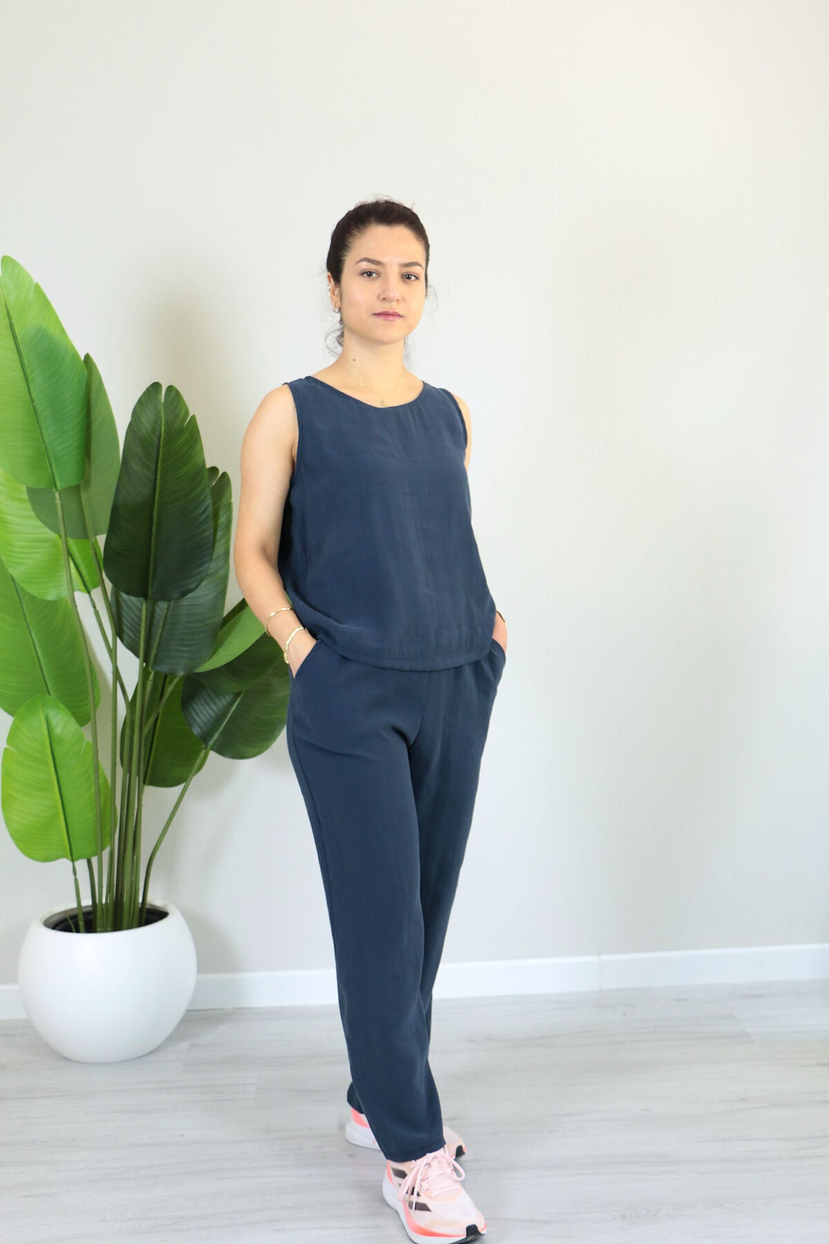 Tensel Kumaş Sıfır Kol Yazlık Havuç Paça Rahat İkili Takım XL - lacivert