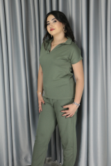 Kadın Modal Kumaş Premium Kalite Polo Yaka Kısa Kollu Jogger Beli Lastikli Bağlamalı Yeşil Yazlık/Baharlık  Alt Üst Takım
